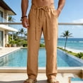 thumbnail image 2 of Men's Linen Pants Casual Summer Beach Pants Breathable Loose Fit with Elastic Waist Drawstring Yoga Trousers Slacks Big and Tall Size S-3XL Yellow, 2 of 9