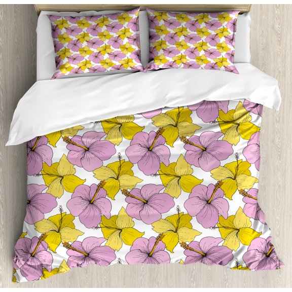 Hibiscus Duvet Cover Set Queen Size, Bicolor Petals of Wild Tropical Flowers Pattern Blooming Details, Decorative 3 Piece Bedding Set with 2 Pillow Shams, Pale Purple Mustard White, by Ambesonne