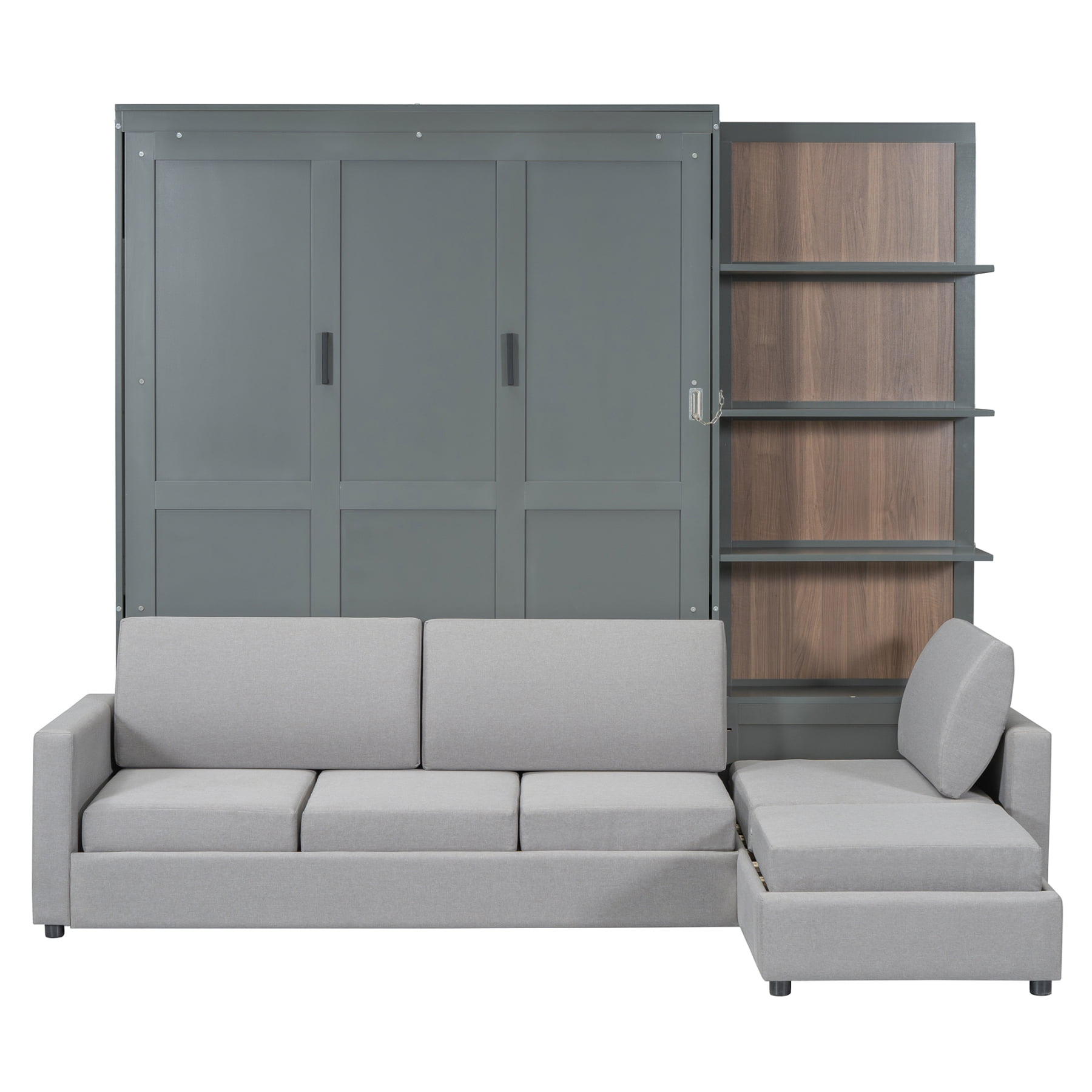 Harper & Bright Designs Queen Size Murphy Bed, Wooden Queen Murphy Bed Frame with Shelves, Wall Bed with L-Shape Sofa, Gray