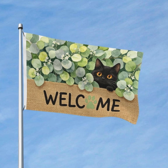 Welcome Cute Paw Black Cat Garden Flags for Outside 3x5 Ft Double Sided Large House Flag Green Leaf Cats Flags Housewarming Gifts for Women Men Cat Lovers House Yard Outdoor Patio Decor
