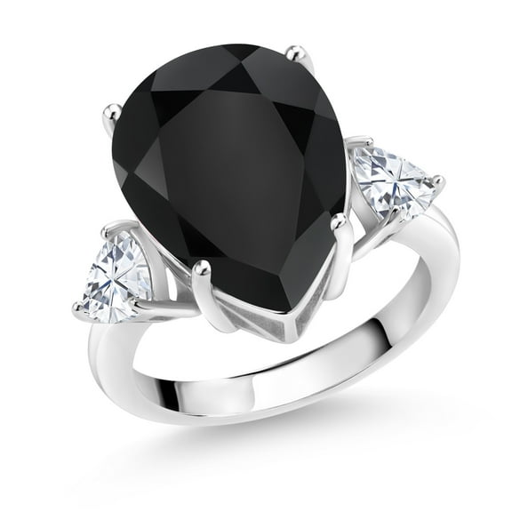 Gem Stone King 8.31 Cttw Pear Shape Black Onyx and White Moissanite 3 Stone Ring for Women | 925 Silver | Gemstone Birthstone | Three Stone Wedding Engagement Anniversary Ring for Women | Size 7