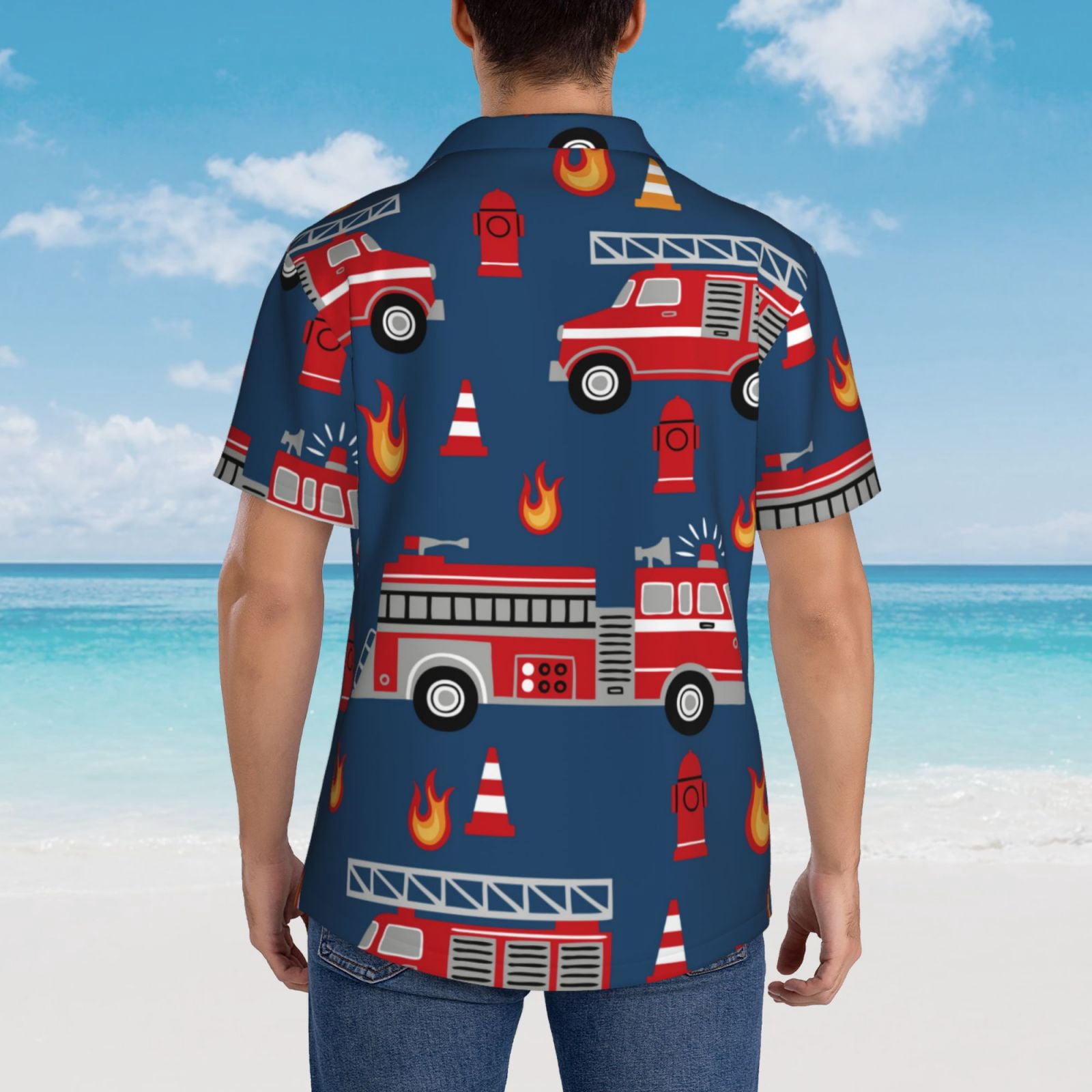 Logiee Fire Truck 1 Print Mens Hawaiian Shirts,Loose-Fit Short Sleeve Button Down Tropical Aloha Beach Shirt,Summer Vacation Wedding Tops,3X-Large
