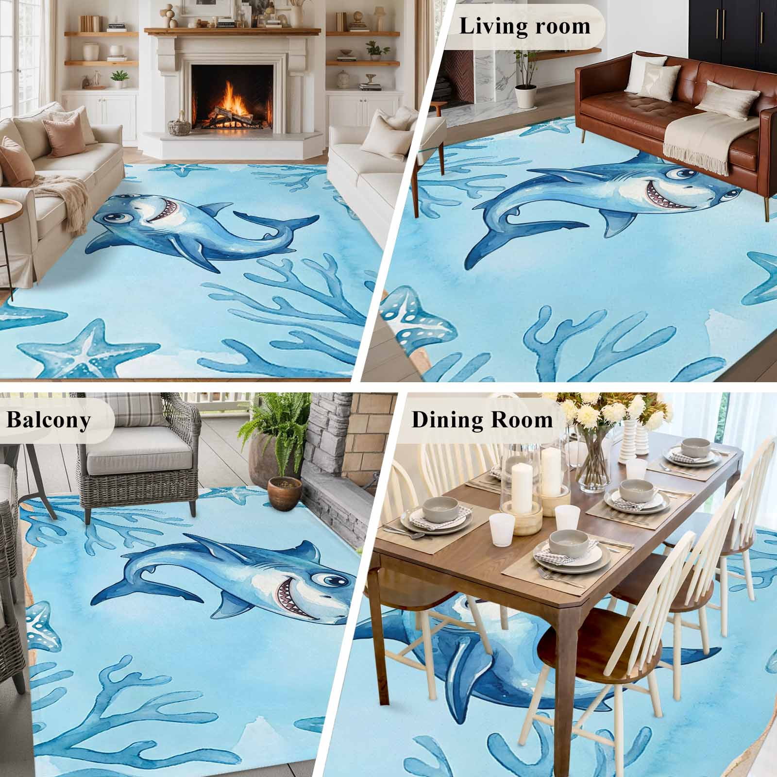 Blue Shark Coastal Area Rugs 5'x8', Washable Small Throw Rugs for Classroom Bedroom, Summer Beach Coral Nautical Ocean Indoor Outdoor Rug Non-Slip Low Pile Carpet Runner Reversible Floor Mats