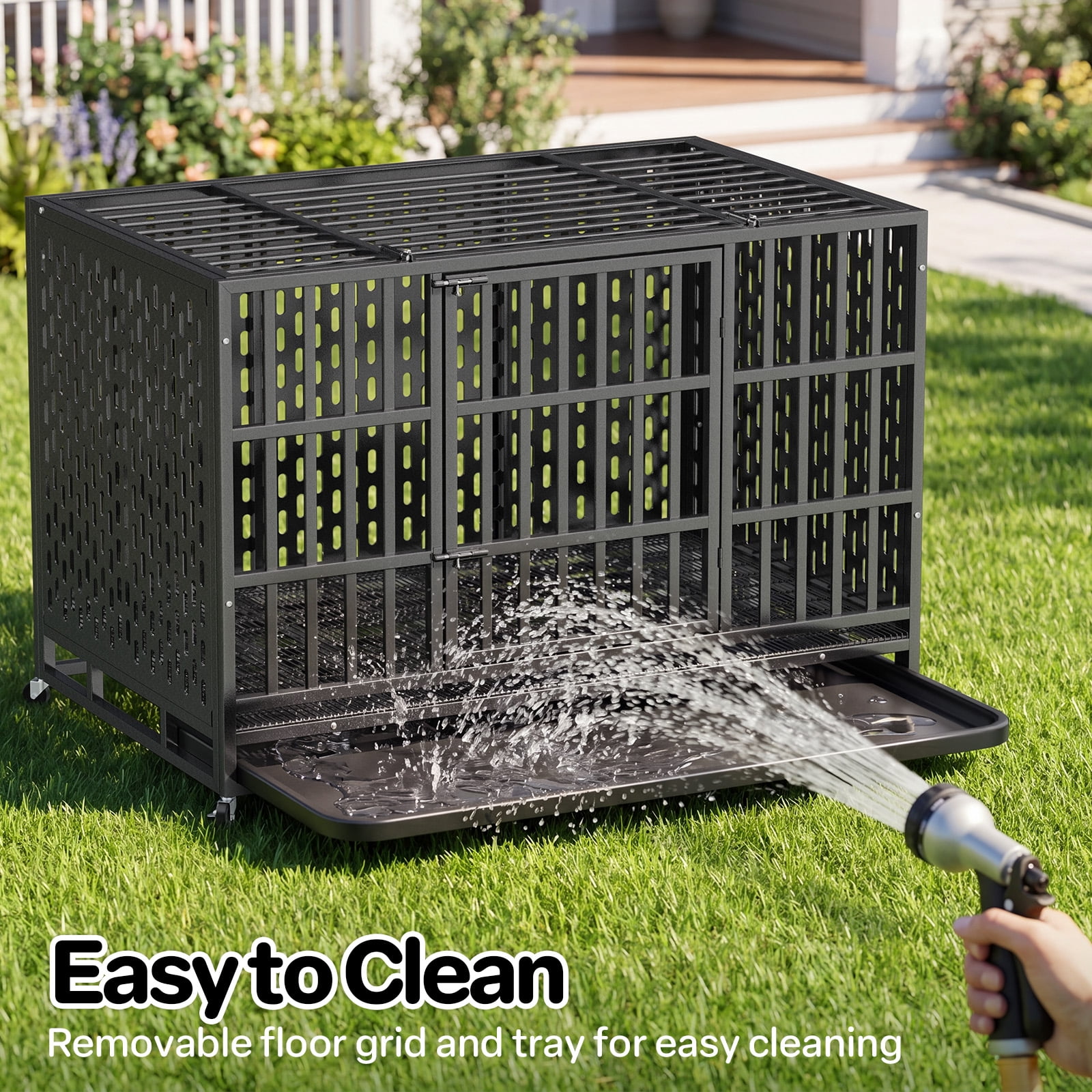 YOKWOK 48 Inch Heavy Duty Indestructible Dog Crate Cage, Chew Proof & Escape-Proof XL Kennel for High Anxiety Large Dogs, with Locking Wheels and Removable Tray for Indoor & Outdoor Use, Black