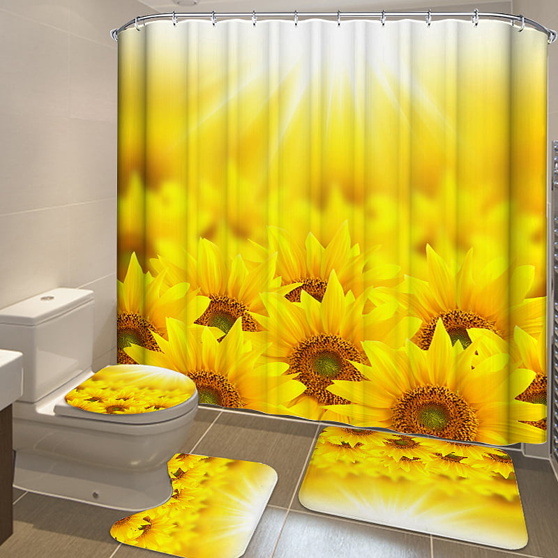 Fabric Shower Curtain Set Black White Striped Golden Sunflowers Bathroom Decor 