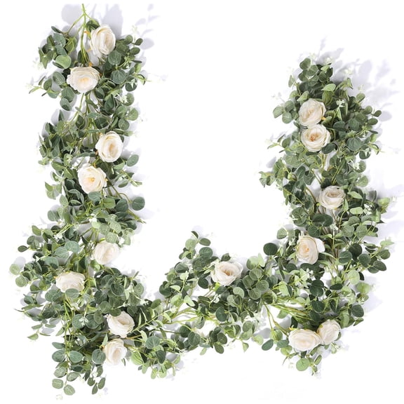 Miracliy 2 Pack Artificial Camellia Flower Garland, White Fake Floral Vine with Lush Green Eucalyptus Leaves for Wedding Arch Wall Decor