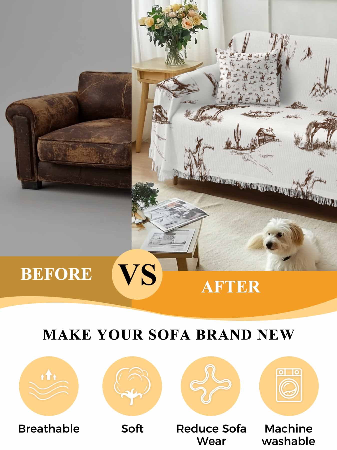 Western Cowboy Couch Cover for Dogs, Retro Desert Cactus Country Cowboy Brown Washable Sofa Covers Slipcover for Pets Dogs Futon Cover, Couch Recliner Covers, Oversized Chair Slipcover 71"x91"