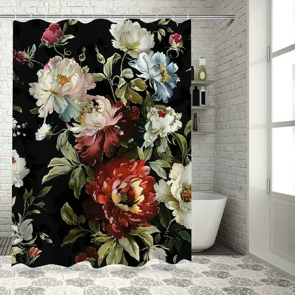 Creowell Black Floral Shower Curtain Flowers Rose Girl Watercolor Rustic Retro Leaves Blossom Peony Woman Waterproof Fabric Bathroom Home Decor Set Hooks 36x72