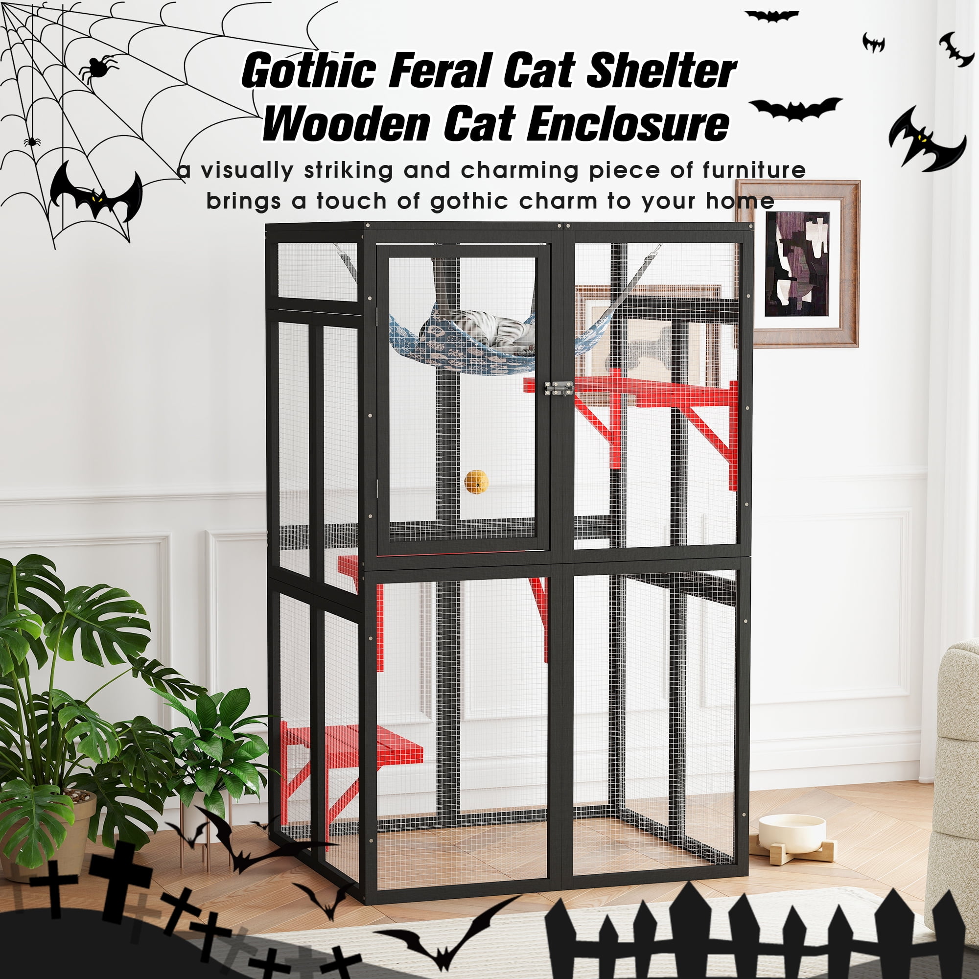 Pefilos 64" Gothic Cat House Outdoor Catio Cat Enclosures Wooden Kitty House with Platforms, Waterproof Roof, Hammock, Black Pefilos 64" Gothic Cat House Outdoor Catio Cat Enclosures Wooden Kitty House with Platforms, Waterproof Roof, Hammock, Black