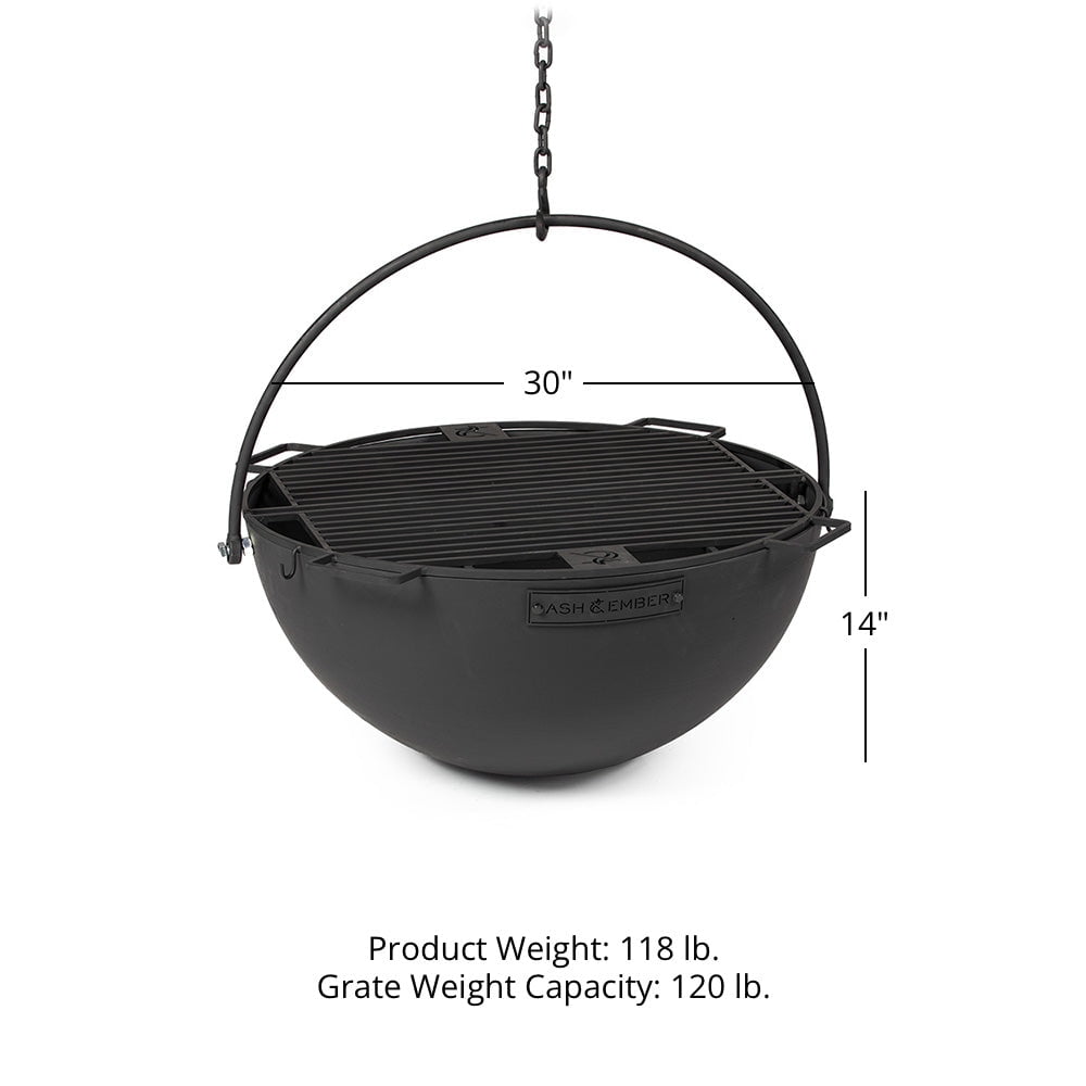 Ash & Ember 30" Cast Iron Cauldron Fire Pit Bowl with Double Hinged Grill