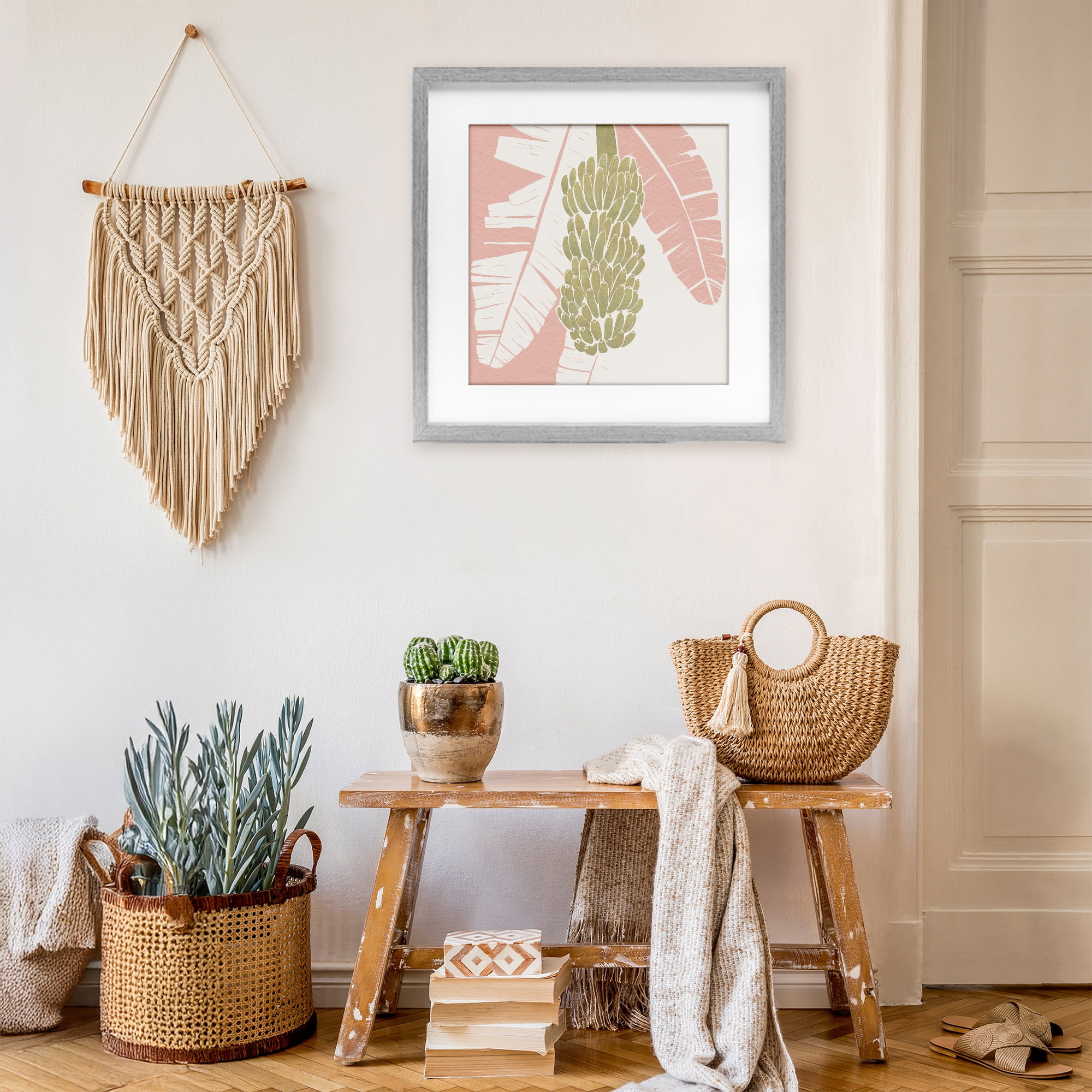 Stupell Industries Banana Bunch Amid Pink Leaves Gray Framed Print Under Glass, design by Yuyu Pont