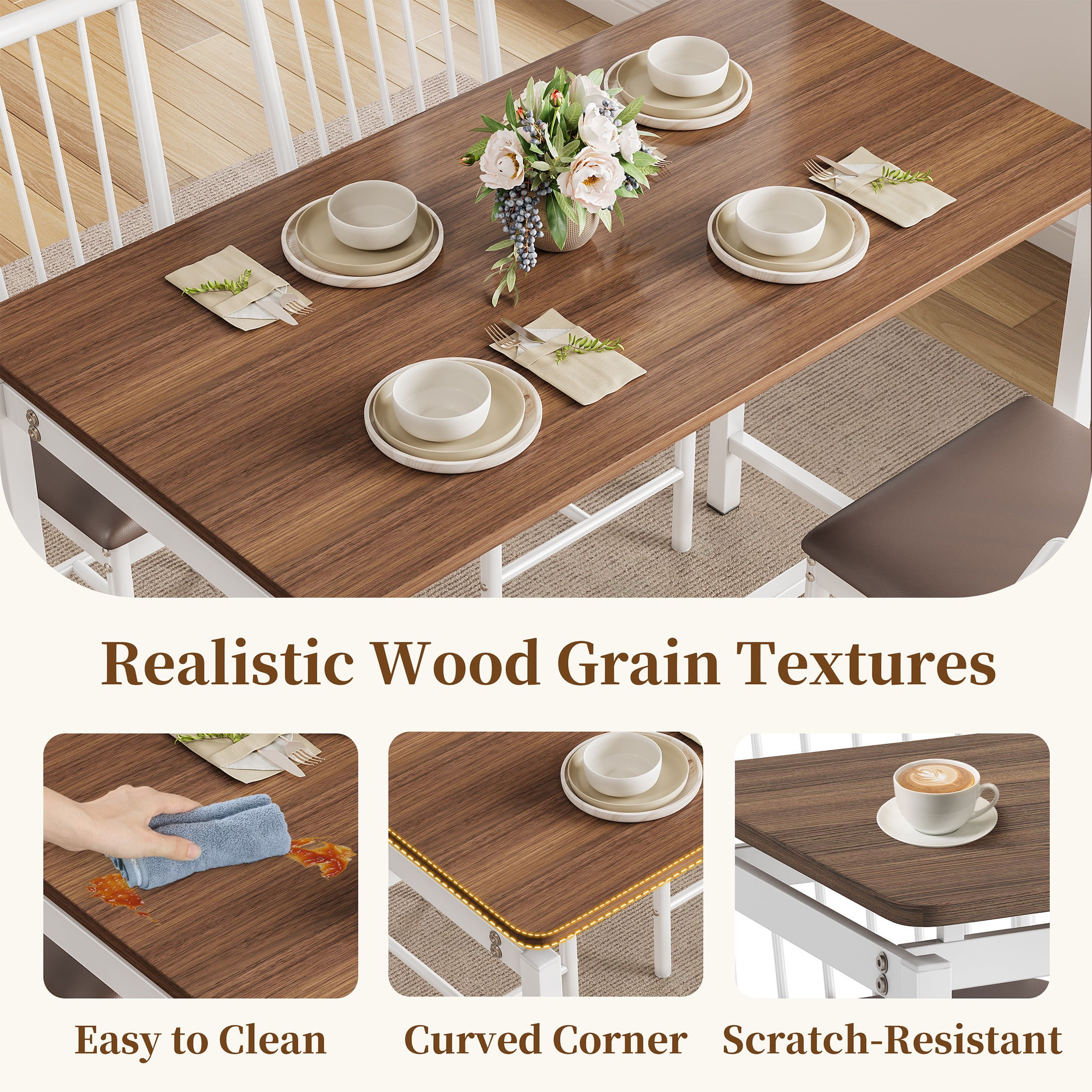 PORKISS Counter Height Dining Set for 4, Breakfast Bar Table Set with Table and 4 Leather Cushion Chairs, Wood Top Pub Table & Chair Set for Kitchen Apartment Bistro, Brown+White