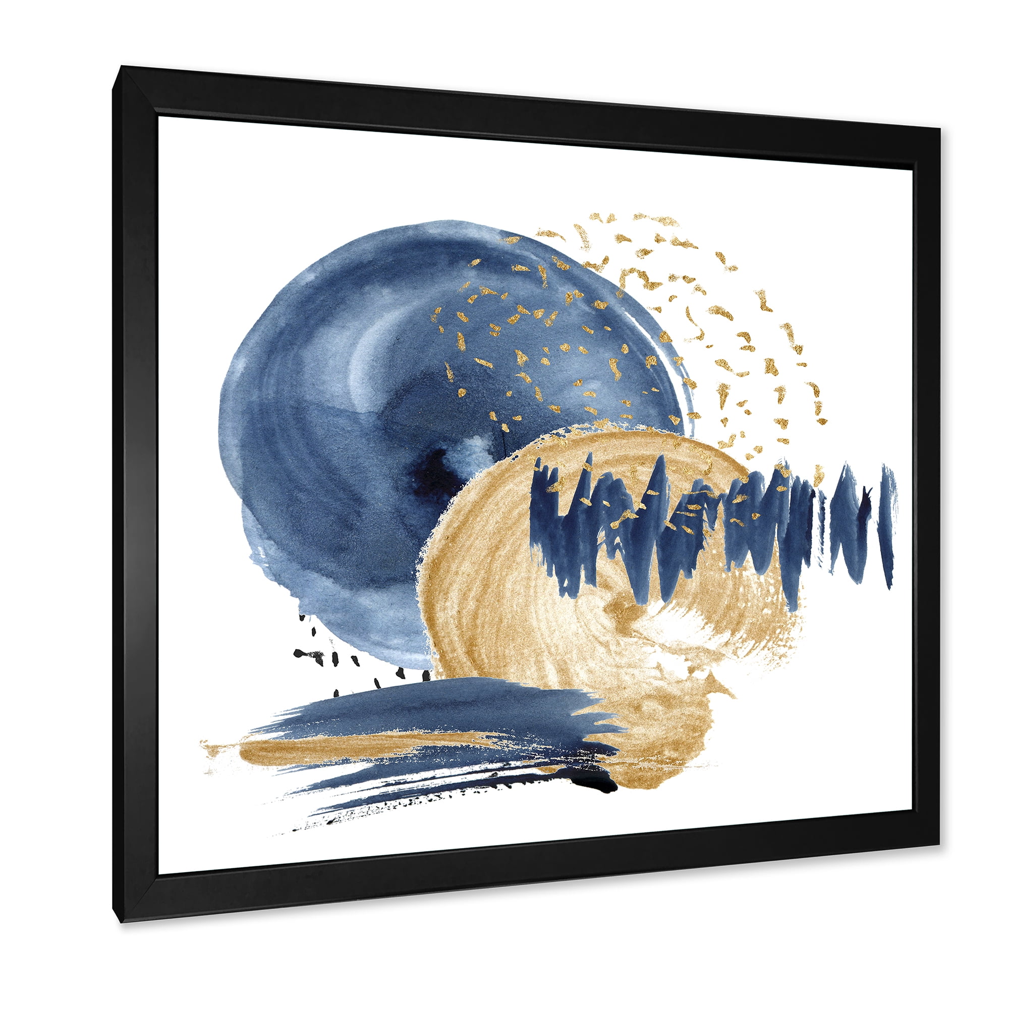 Designart 'Gold and Dark Blue Abstract Circle Ocean Texture' Modern Framed Art Print
