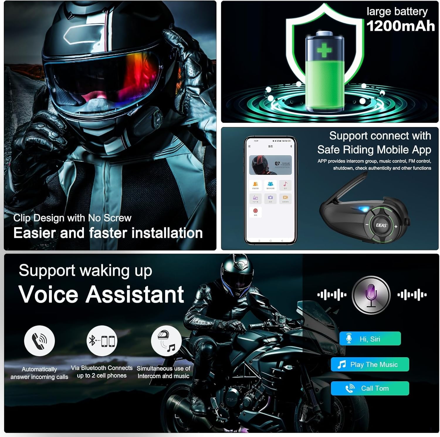 2PC EJEAS Q8 Motorcycle Bluetooth Headset Upgraded Mesh 3.0 Intercom Motorbike Communication System for 6 Riders Group Talking
