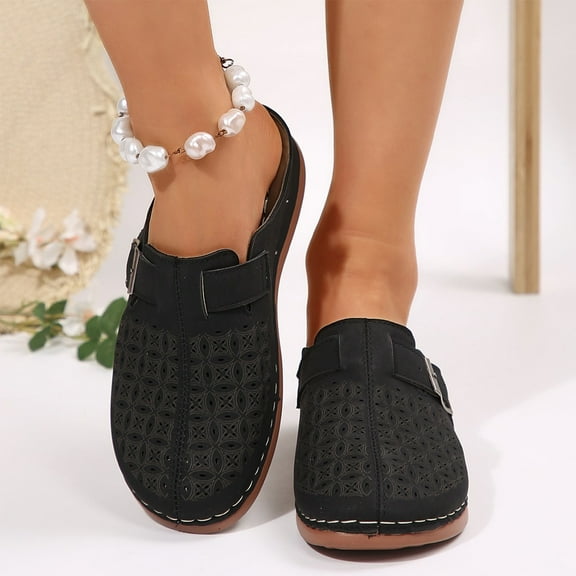 Women's Casual Sandals Hollow Buckle Strap Decoration Closed Toe Sandals Thick Bottom Half Slippers Wedge Heels