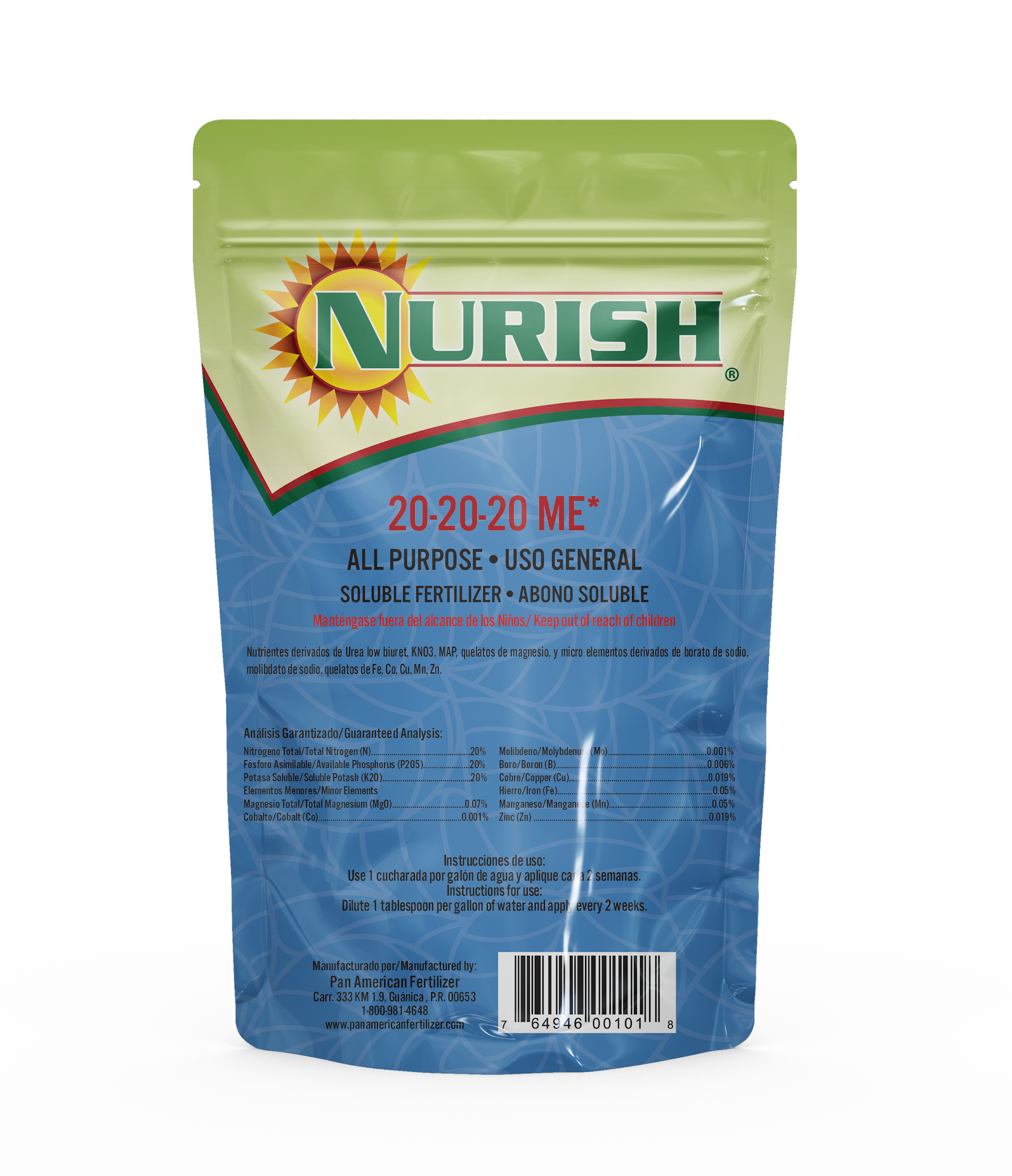 Nurish Soluble Fertilizer 20-20-20 ME All Purpose 1 lb. Ingredients: Total Nitrogen, Available Phosphorous, Soluble Potash, Total Magnesium and Minor Elements. Made in Puerto Rico