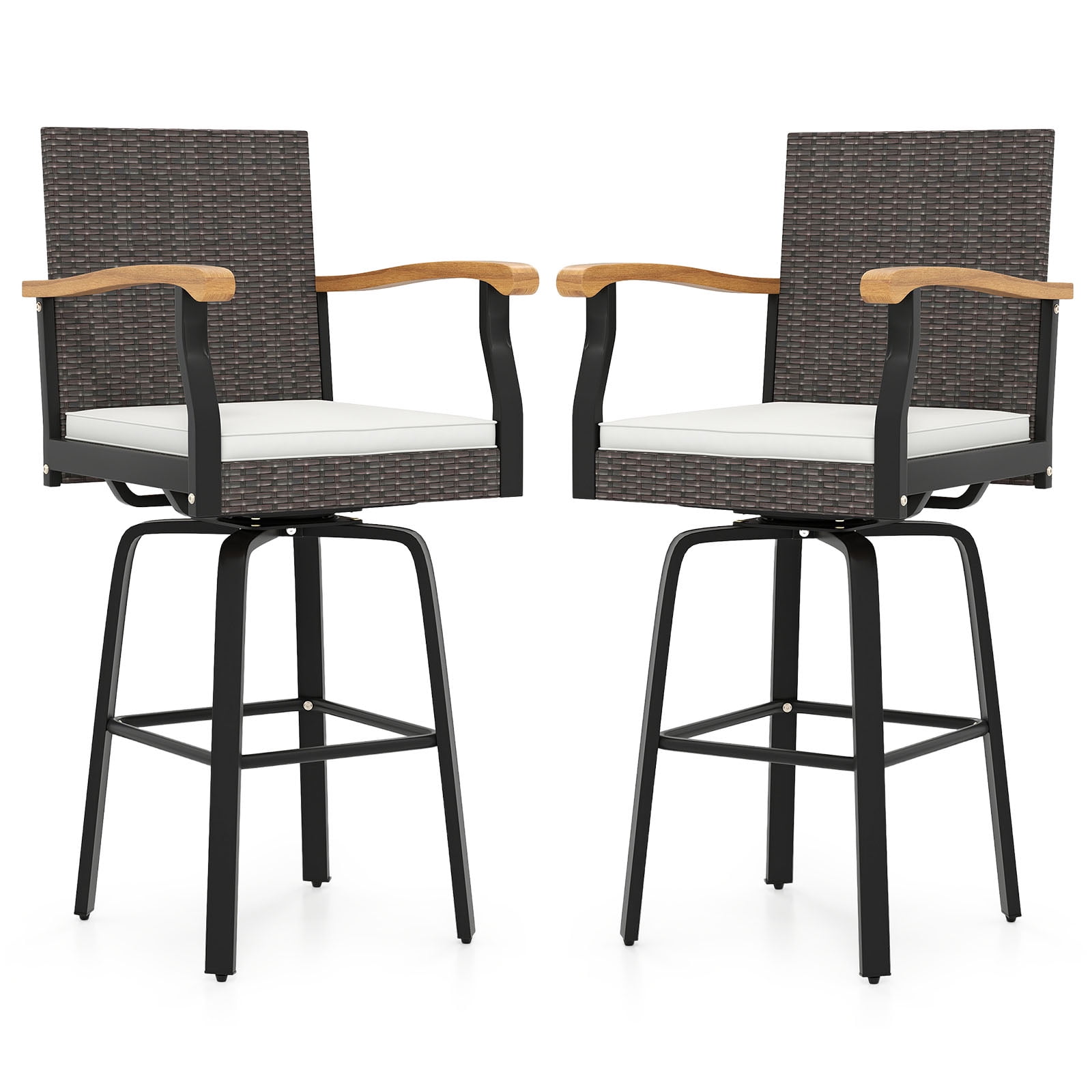 Gymax 2 PCS Outdoor Rattan 360 degree Swivel Bar Stool w/ Removable Cushion Footrests