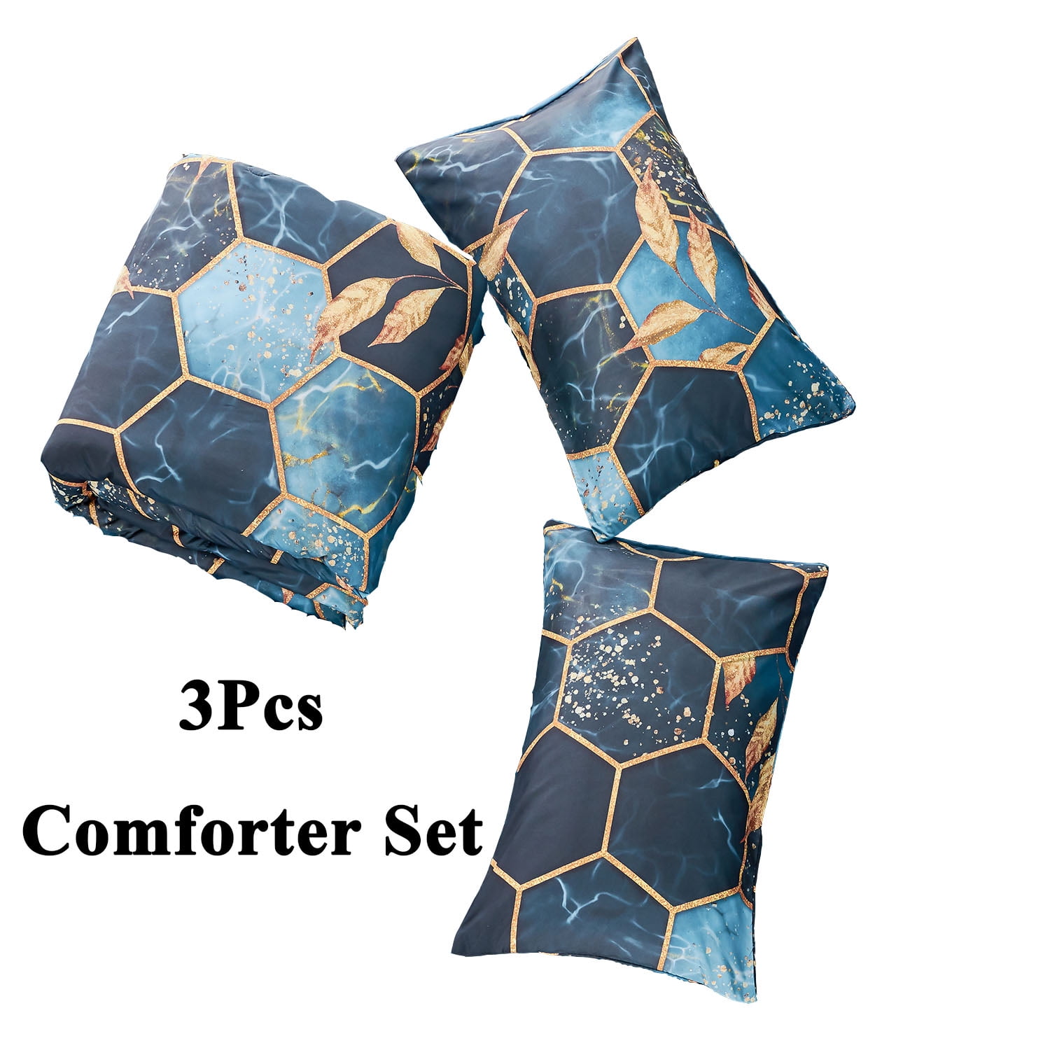 RYNGHIPY 3 Pieces Hexagon Comforter Set Full Size 3D Geometric Honeycomb Bedding Set Gold Trim Bedding Qulit Set Modern Steel Blue Foil Print Bed Set for Women Men (Blue, Full)