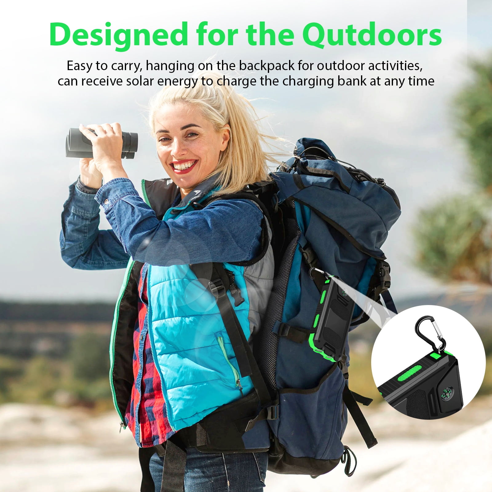 CATGOOD Solar Power Bank 30000mah, Portable Charger, Waterproof Battery Backup Charger, Solar Panel Charger with Dual LED Flashlights, Suitable for Outdoor Camping Travel(Green)