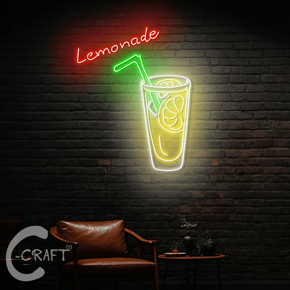 C-CRAFT Lemonade Glass Neon Led Light Up 30 inch for Lemon Juice Bar Wall Decor
