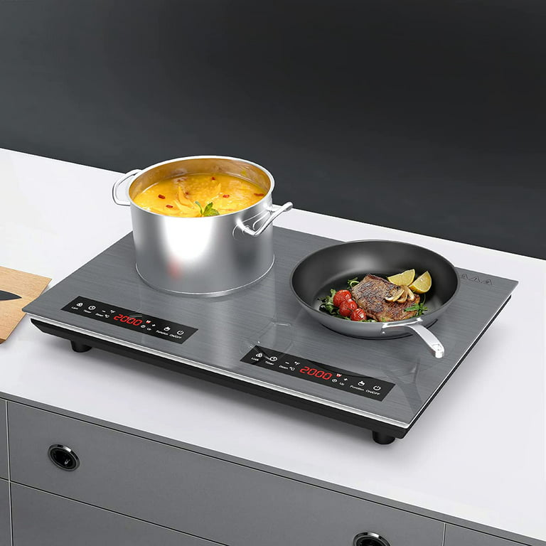 QTYANCY Portable Induction Cooktop, 2 Burner with Removable Griddle Pan, 8  Heating Levels, Timer, Independent Control