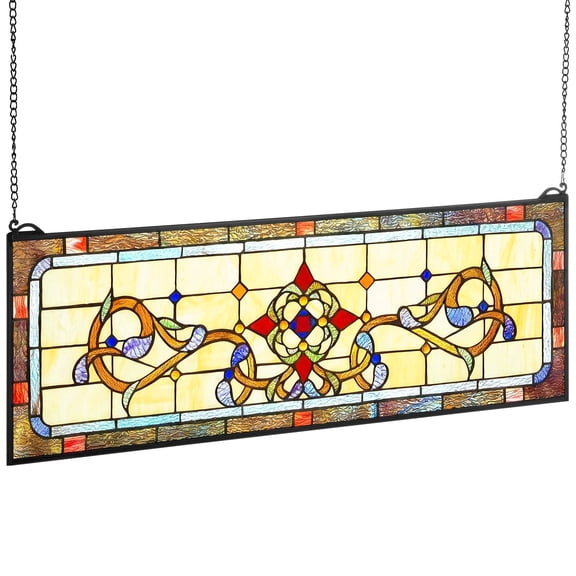 KFFKFF Stained Glass Window Panel, 32" x 11" Tiffany-Inspired Hanging Transom with Chain, Horizontal Rectangle Design, Classic Handcrafted Art for Kitchen and Home Decoration