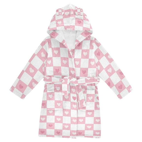 FORMRS Niños Bathrobe Unisex Hooded Robe Soft Plush Pajamas Sleepwear, Size 2-3T, Pink Checkered Heart