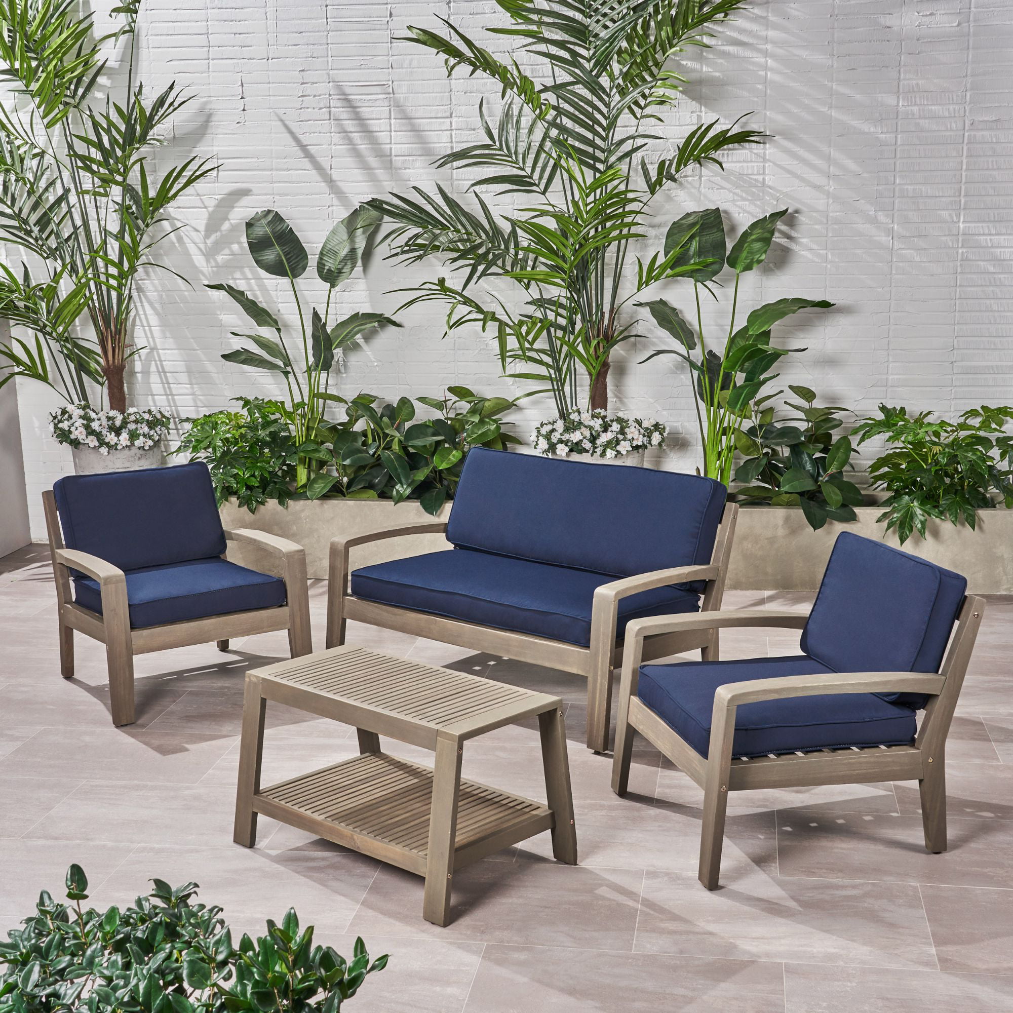 4-piece gray wood finish outdoor furniture patio conversation set