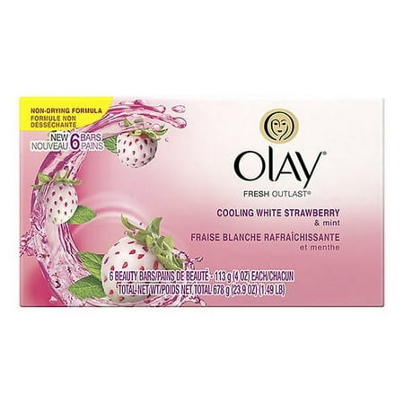 Olay Fresh Outlast Beauty Bar, Cooling White Strawberry and Mint, 6 Soap Bars, 6 Pack