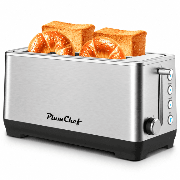 Plum Chef 4-Slice Extra Wide Slot Toaster, 6 Browning Settings & Bagel/Defrost/Reheat, Brushed Stainless Steel