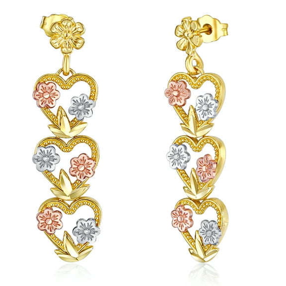 Wellingsale Ladies 14k Tri 3 Color Gold Polished Diamond Cut Fancy Heart & Flower Dangle Hanging Drop Earrings (8 X 32mm)