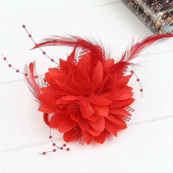 Children's Brooch Fascinator Dance Performance Bridal Hairpin Headdress Feathers Hair Clip Wedding Hair Accessories Wrist Flower RED