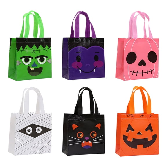 Hyknon 6Pcs Halloween Trick or Treat Bags, Reusable Pumpkin Jack-o-lantern Non-Woven Gift Tote Bags with Handles, Skull Ghost Face Bags for Adults Gifts Wrapping Party Supplies 7.9×3.5×7.9 Inch