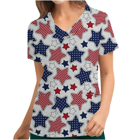 

Cute Scrub Tops for Women - American Flag Scrub_Tops Working Uniform Summer Short Sleeve V Neck T-Shirt with Pockets