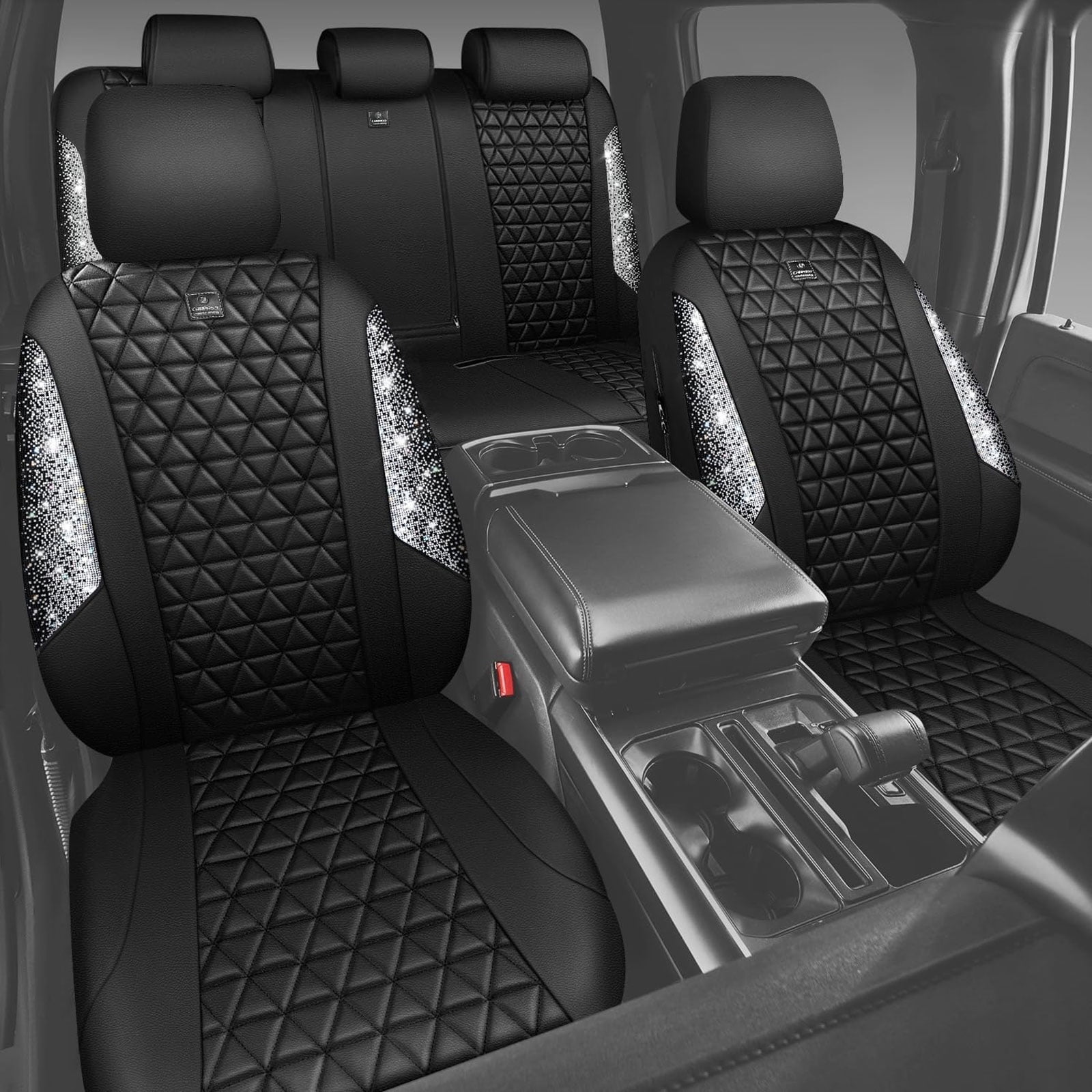 CAR GRAND Bling diamond leather automotive seat covers front pair water proof shining glitter sparkly crystal rhinestone universal armrest fit girl woman lady silver