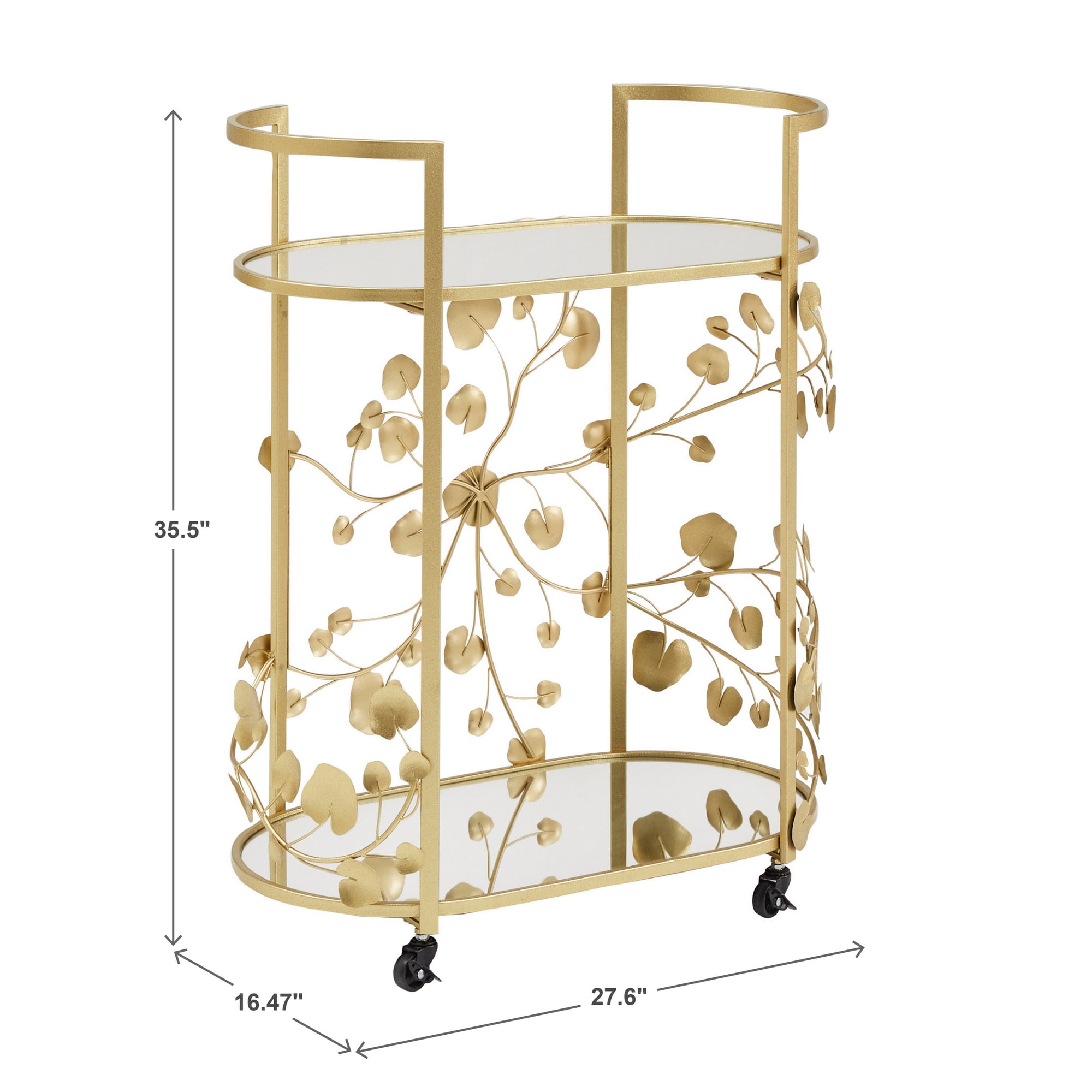 Weston Home Greenpoint Gold Finish Foliage Bar Cart with Mirror Top and Bottom