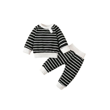 

Canrulo Infant Newborn Baby Girls Boys 2Pcs Spring Autumn Outfits Long Sleeve Striped Print Tops + Pants Leggings Set Black 6-9 Months