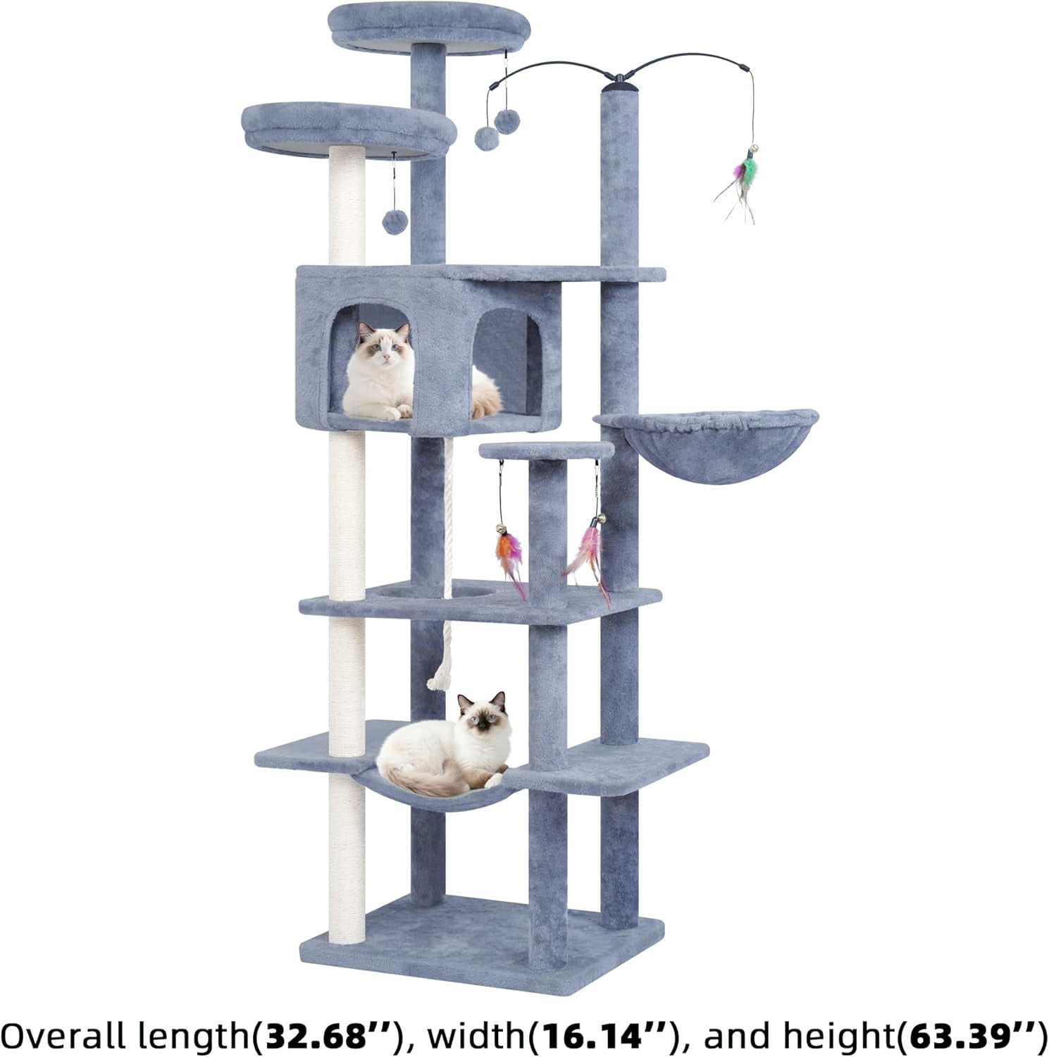 Big Cat Tree with Multi-Level Condo and Hammocks in Grey, 63.4 Inches Tall