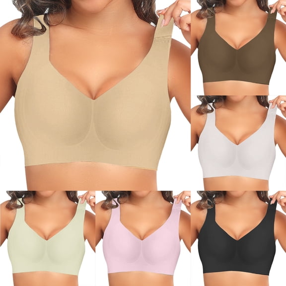 Gymayou Seamless Wireless Bra For Women No Wire Comfort Everyday Bra djustable Wide Strap Soft Sleep Lounge Bra With Removable Thin Pads Beige L