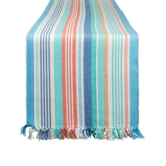 DII Seashore Stripe Fringe Table Runner, Beachy Blues, 13x72"