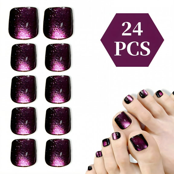 RAGUPEL 24Pcs Toe Press on Nails Square Short No Fade Finish Press Ons with Rhinestones French Press on Nails with Comes and A Tool Bag for Women Style1