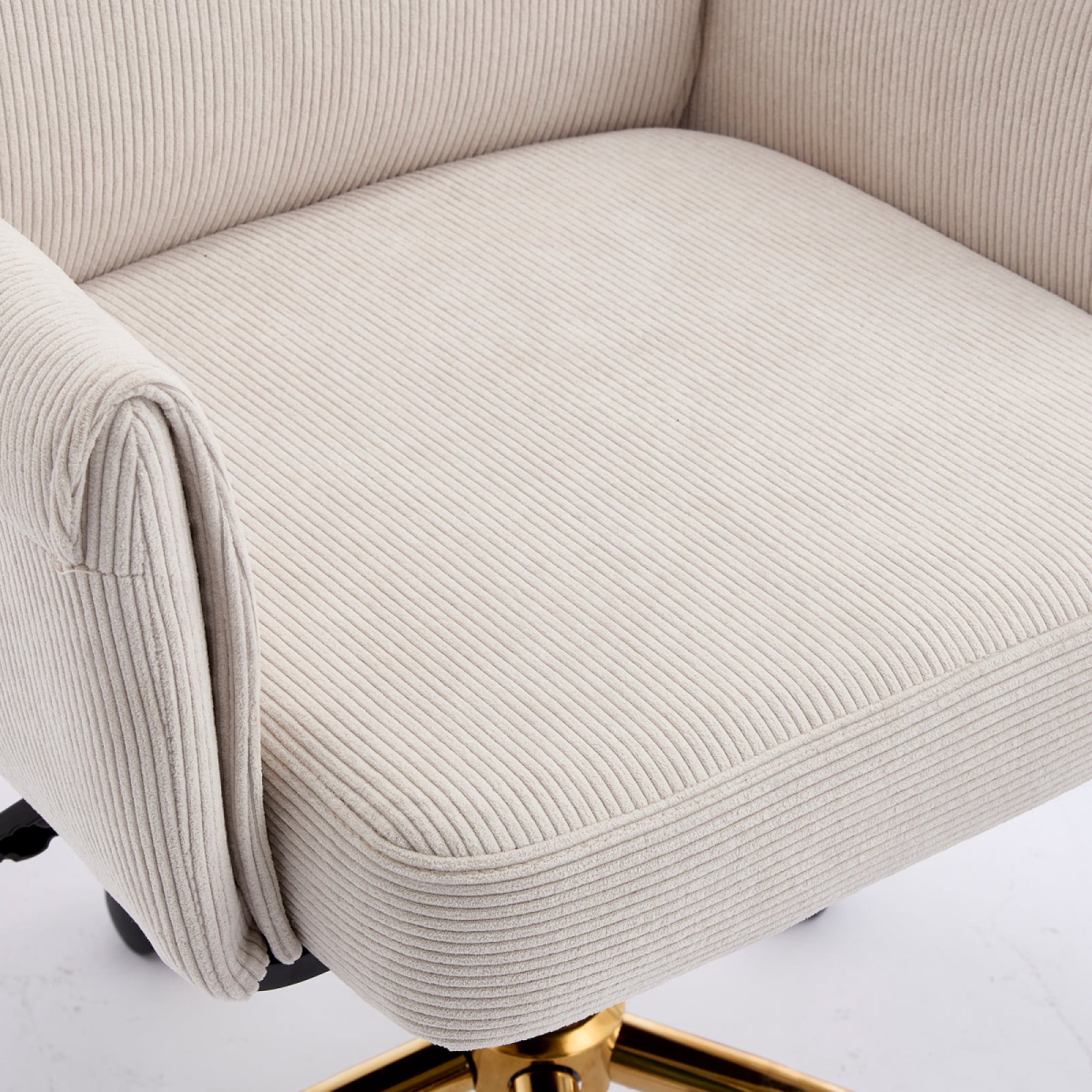 Stripes Corduroy 360° Swivel Desk Chair, Gold Base Adjustable Height Home Office Armchair with Wheels, Ergonomic Mid-Back Comfy Computer Chair for Home Study Living Room Bedroom, White