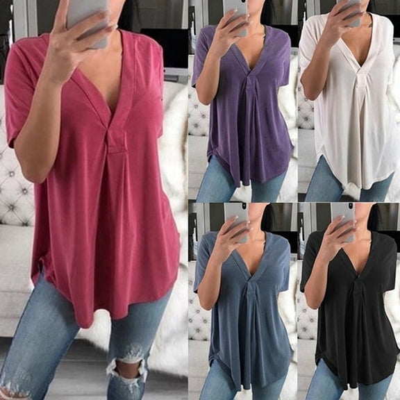 SXCXLSA Women's Relaxed Fit V Neck Shirt, Short Sleeve Casual ButtonDown Blouse