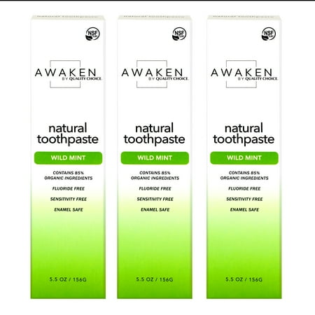 Awaken by Quality Choice Natural Toothpaste, Fluoride Free, Enamel Safe, Sensitivity Free, 85% Organic Ingredients, Wild Mint, 5.5 OZ - 3 Pack