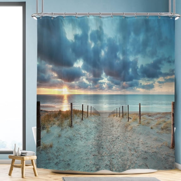 Ocean Beach Shower Curtain 72Wx72H Sunset Summer Sunrise Hawaiian Scenic Blue Sky Seaside Cool Sea Landscape Sand Decor Fabric Bathroom 12 Pack Plastic Shower Hooks