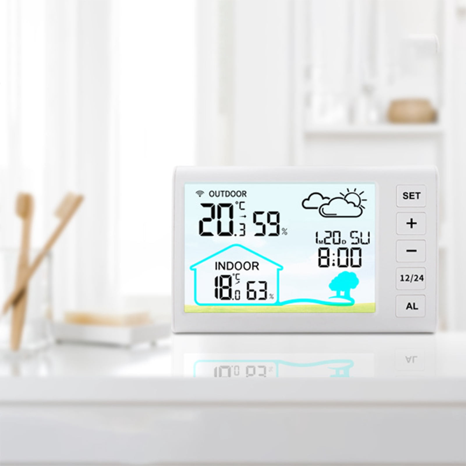 Riousery Wireless Weather Station Indoors Outdoors Temperature Humidity Display Clock Alarm with Adjustable Backlight, 5.3x3.3 inches / 13.5x8.4 cm