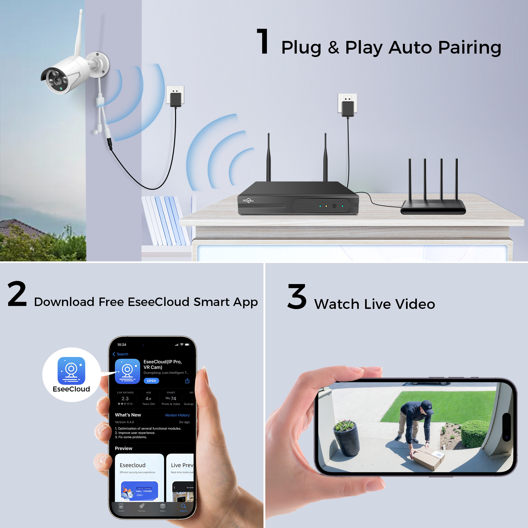 Hiseeu 4Pcs 3MP Wired Wi-Fi Security Camera System,1TB Hard Drive, Color Night Vision , One Way Audio, Motion Alert