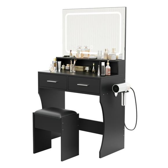 GloryStar Vanity Desk with Mirror and Bright Lights, 3 Color Modes Makeup Vanity, Includes Cushioned Stool, 2 Drawers, and Charging Station, Sleek Modern Design for Bedroom or Makeup Studio