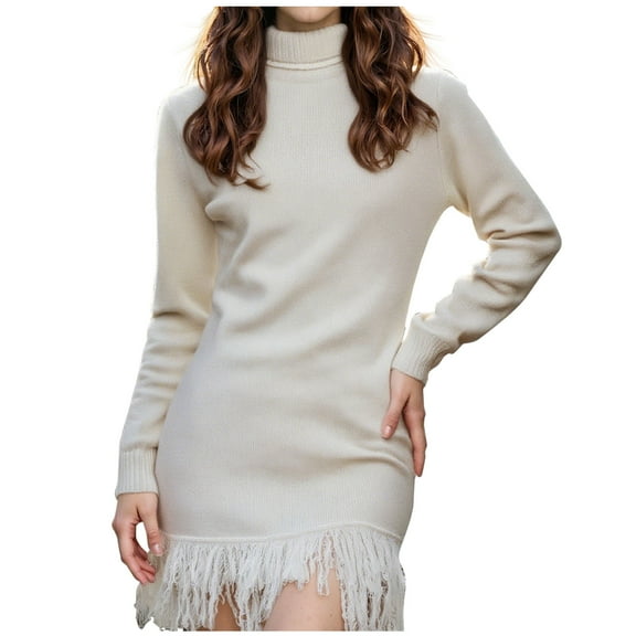 Wedding Guest Dresses For Women Sevevn Women's High Neck Long Sleeve Fringe Hem Dress Casual Dresses