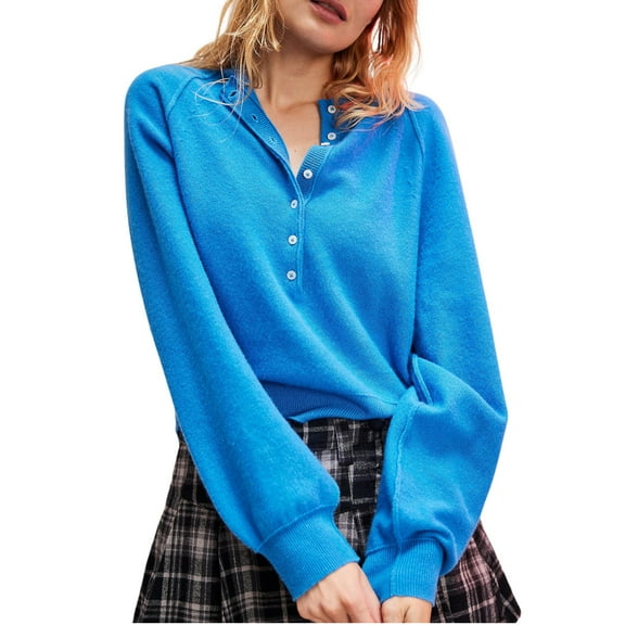 PUWEI Women's Casual Crew Neck Sweater Long Sleeve Henley Shirts Button Front Knit Pullover Tops